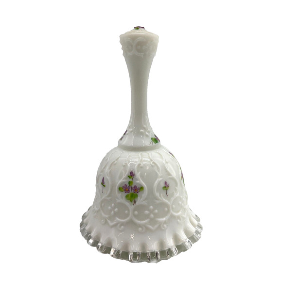 Fenton Glass Bell Silver Crest Hand Painted Floral Ruffled Edge by Kim Blake - Picture 2 of 9